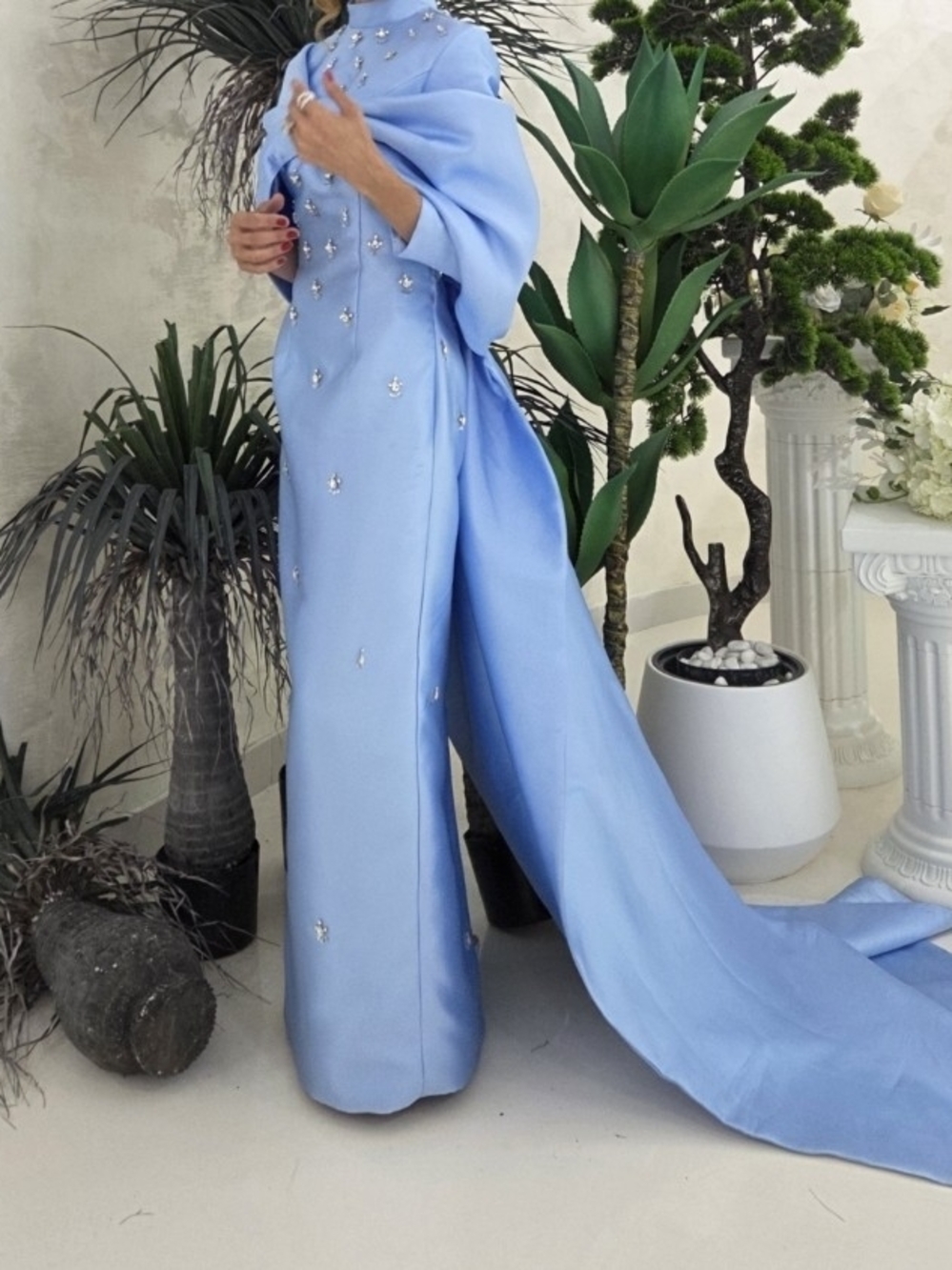 Elegant Sky Blue Embellished Evening Dress